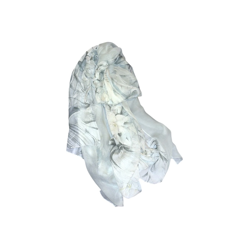 White and Gray Floral Polyester Scarf with a silky, sheer feel